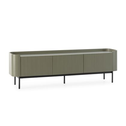 Mueble de TV en mdf verde y metal negro.