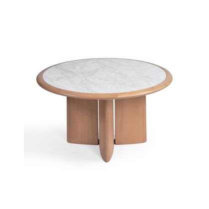 Mesa de comedor nórdica moderna en madera de roble natural y sobre redondo de mármol blanco.
