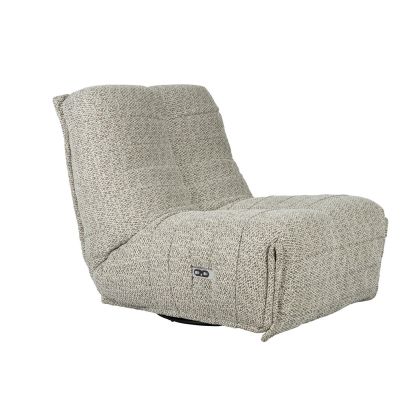 Sillón con sistema de inclinación mid-century en madera tapizado en tejido beige y base de hierro negra.