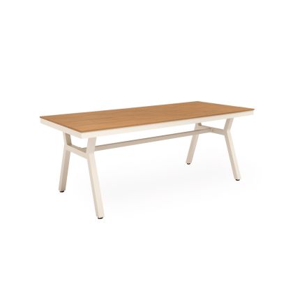 Mesa de exterior nórdica en polimadera natural y aluminio beige.