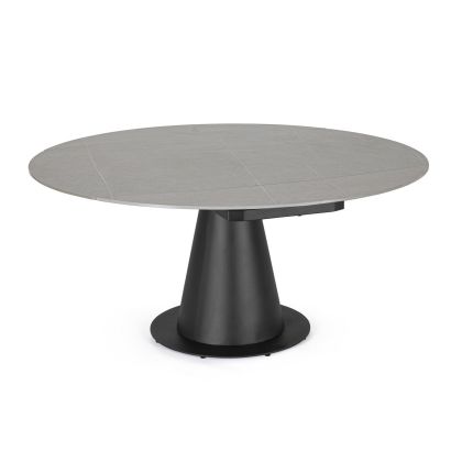 Mesa de comedor de diseño moderno con sobre de gres porcelánico gris efecto mármol y base de acero negro. 