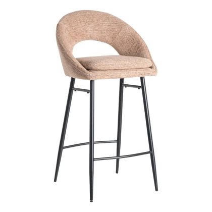 Taburete moderno rosa en tejido y patas de metal negro.