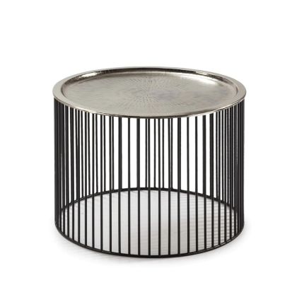 Mesa auxiliar redonda industrial moderno en hierro negro y sobre plateado.