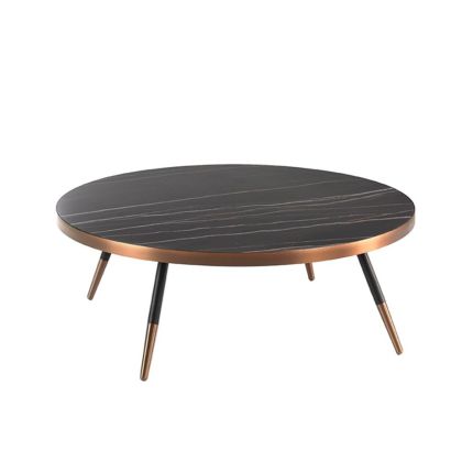 Mesa Centro Redonda Estilo Moderno-Mid Century Mármol Negro Porcelánico Acero Color Bronce, Ø90 Cm