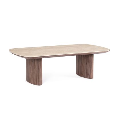 Mesa de centro nórdica moderna en madera de nogal y sobre de piedra sinterizada natural.