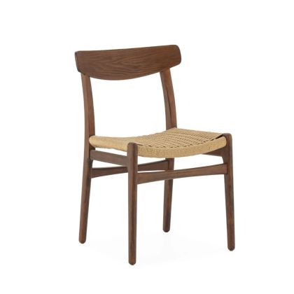 Silla tropical en madera de haya nogal trenzada en cuerda de papel natural.