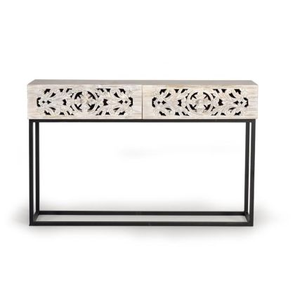 Consola Madera Tallada Blanco Viejo 2 Cajones, 120 Cm