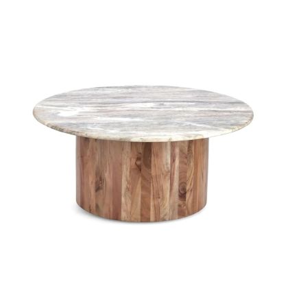 Mesa auxiliar nórdica moderna con sobre de mármol gris, blanco y base de madera de acacia natural.