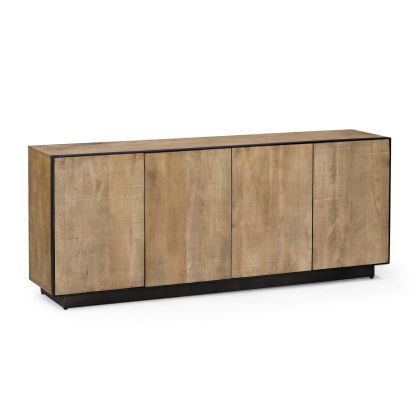 Aparador 4 puertas industrial moderno en madera de mango natural con detalles en acero negro.
