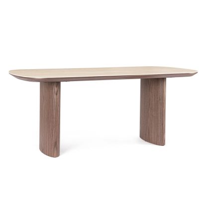 Mesa de comedor nórdica moderna en madera de nogal y sobre de piedra sinterizada natural.