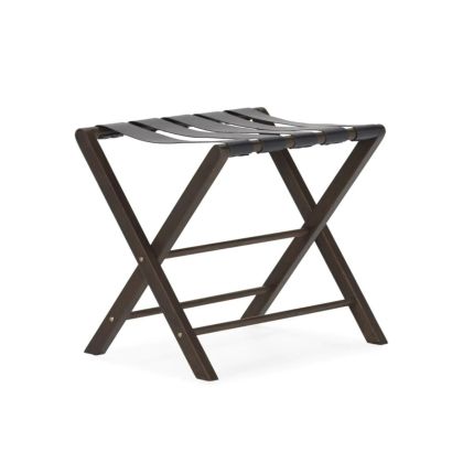 Portamaletas moderno en madera de teca marrón oscuro y cuero negro.