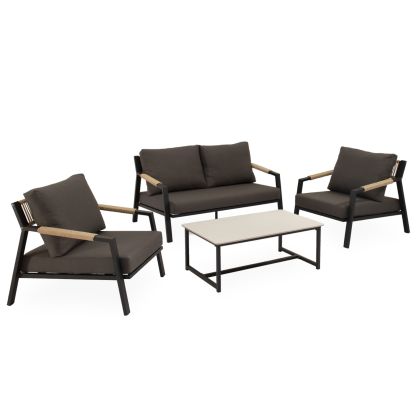 Conjunto de jardín étnico un sofá, sillones y una mesa de centro en mimbre, aluminio y porcelana en tono negro y gris oscuro.
