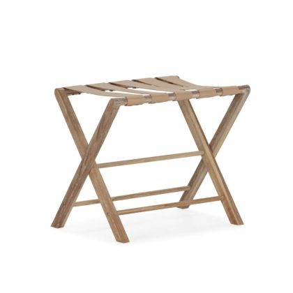 Portamaletas moderno en madera de teca natural blanco lavado y cuero crema.