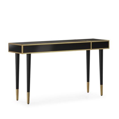 Consola art decó en madera negra, metal dorado y espejo en negro.