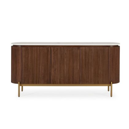 Aparador estilo nórdico en madera de olmo natural, mármol blanco y metal dorado.