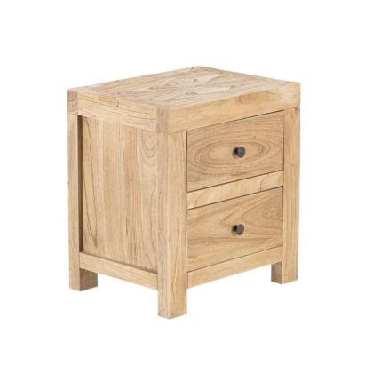 Mesita de noche nórdica en madera mindi natural con tiradores metálicos pomo en negro.