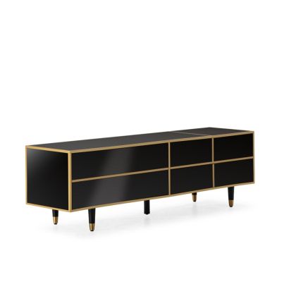 Mueble TV art decó en madera, espejo negro con detalles en dorado y patas metálicas negras.