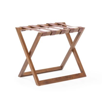 Portamaletas moderno en madera de teca y cuero marrón.