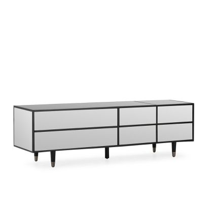 Mueble de TV art decó en madera negra con espejos frontales revestidos plateados.