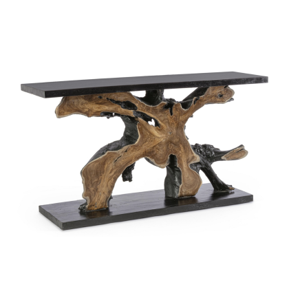 Consola vintage en madera de suar y raíz de teca en marrón y negro.