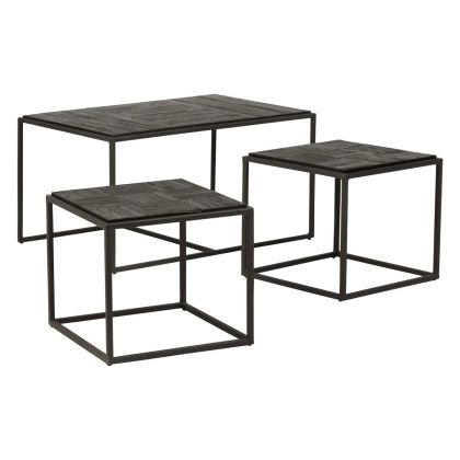 Set de 3 mesas de centro industrial en madera de teca y metal negro.