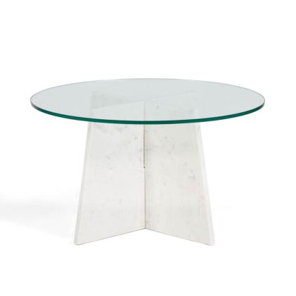 Mesa de centro de diseño moderno con sobre de cristal redondo y base de mármol blanco.