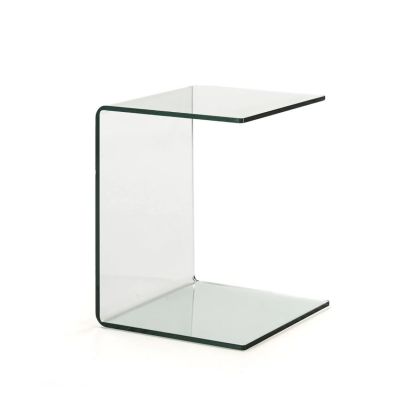 Mesa auxiliar moderna en vidrio transparente.