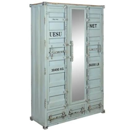 Sky Blue Distressed Metal Wardrobe, 174 Cm