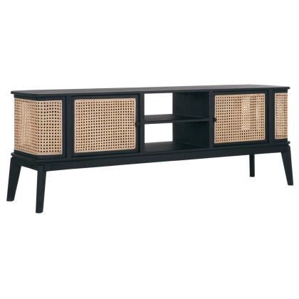 Mueble TV Raffles Estilo Tropical Madera Mindi Color Negro Ratán Natural, 170 Cm
