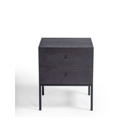 Mesita de noche de diseño moderno en madera de roble marrón negro y metal negro.
