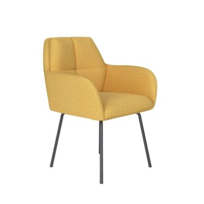Silla moderna con patas metálicas en negro tapizado en tela amarilla.