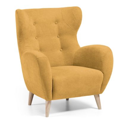 Sillón Nórdico Mostaza Tejido Botones Madera, 86 Cm