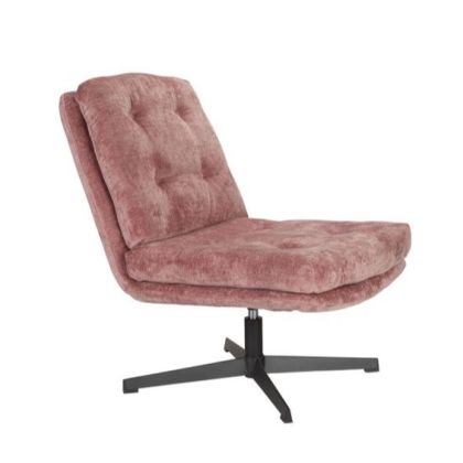Sillón moderno en tejido rosa y metal negro.