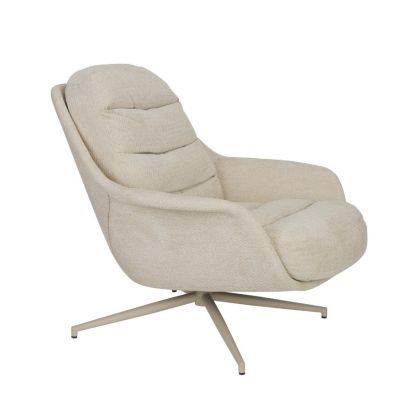 Sillón nórdico moderno en madera contrachapada tapizado en tejido beige y patas de metal.