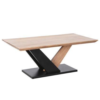 Mesa de centro industrial en madera de acacia natural y metal negro.