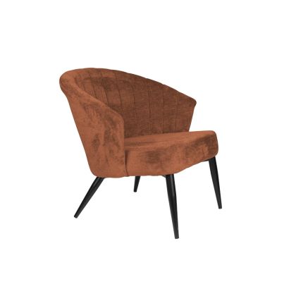 Silla moderna en madera de abedul tapizada en tono tierra con patas metálicas negras.