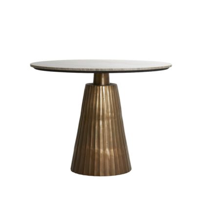 Mesa de comedor art decó con sobre en mármol topo y base de metal bronce antiguo.