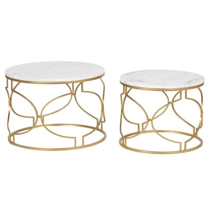 Set 2 Mesas Auxiliares Mármol Blanco Metal Oro, 60 Cm