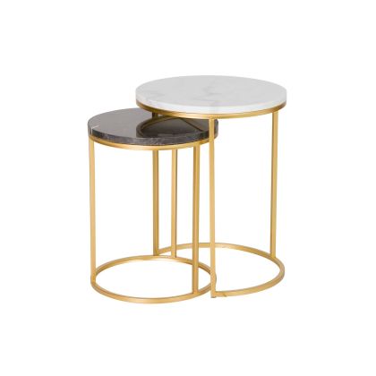 Set 2 Mesas Mármol Negro Blanco Metal Oro, 41 Cm