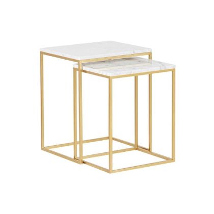 Set 2 Mesas Nido Cuadradas Mármol Blanco Metal Oro, 55 Cm