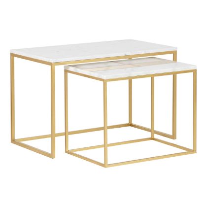 Set 2 Mesas Nido Màrmol Blanco Metal Oro, 77 Cm