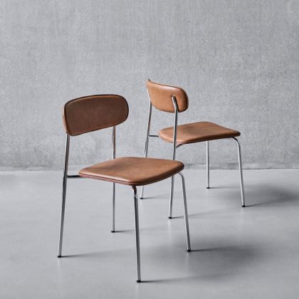 Set/2 Silla POVA Madera Tapizada Coñac Acero Cromado, 52 cm