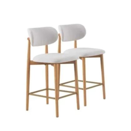 Conjunto de 2 taburetes en madera de roble natural, metal y tejido chenilla blanco.