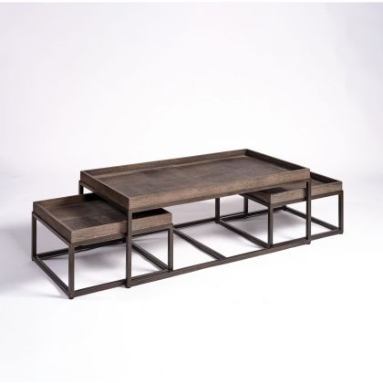 Set 3 Mesas Centro Vintage  Roble Marrón Metal Negro, 110 Cm