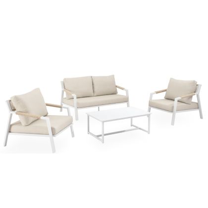 Conjunto de jardín étnico un sofá, sillones y una mesa de centro en mimbre, aluminio y porcelana en tono blanco y gris claro.