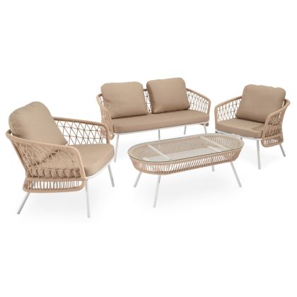 Conjunto de jardín tropical un sofá, sillones y una mesa de centro en cuerda, acero blanco y cristal templado.