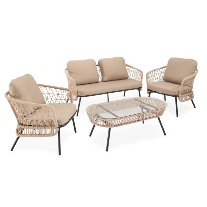 Conjunto de jardín tropical un sofá, sillones y una mesa de centro en cuerda, acero negro y cristal templado.