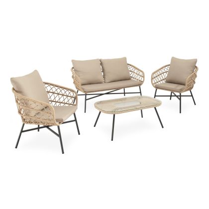 Conjunto de jardín tropical un sofá, sillones y una mesa de centro en cuerda beige, acero negro y cristal templado.