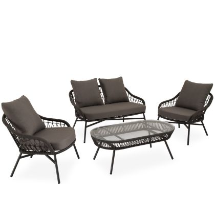 Conjunto de jardín tropical un sofá, sillones y una mesa de centro en cuerda, acero gris y cristal templado.