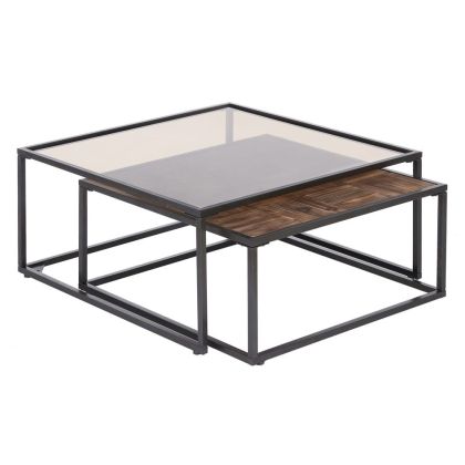 Set/ 2 Mesas centro Cuadrado Metal Negro Madera Cristal Gris , 90 Cm